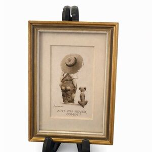 Framed vintage Postcard Child & Puppy Print - Gold Frame 4” X 5.5”